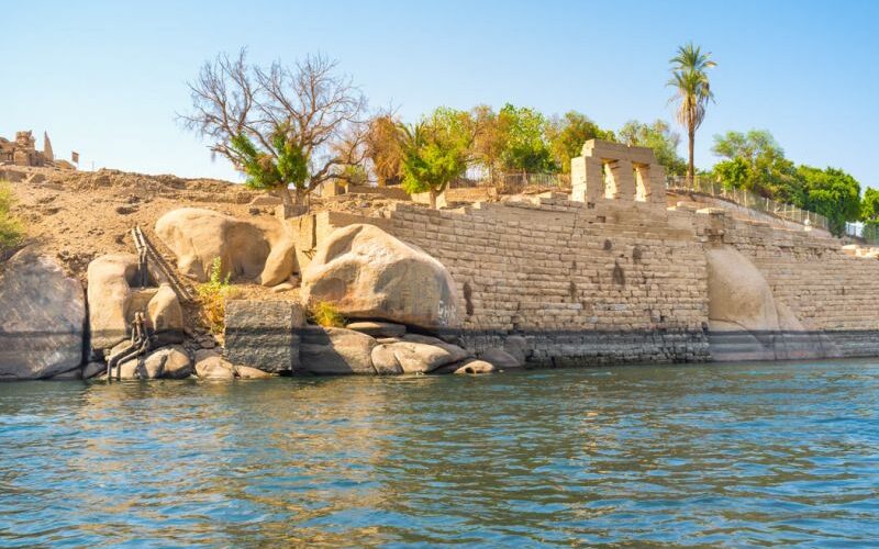 Golden sunset casting warm hues over Elephantine Island and the Nile River