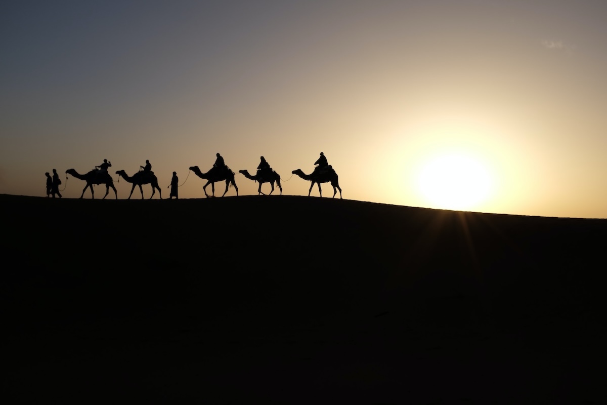 Silhouette of a caravan of camels and riders against the setting sun in the desert