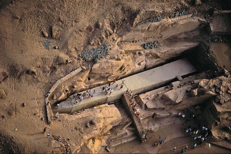Aerial view of the Unfinished Obelisk lying in its quarry in Aswan, Egypt.