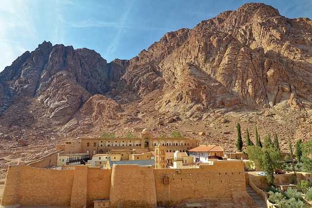 Saint Catherine's Monastery at the base of a rugged mountain in the Sinai Peninsula