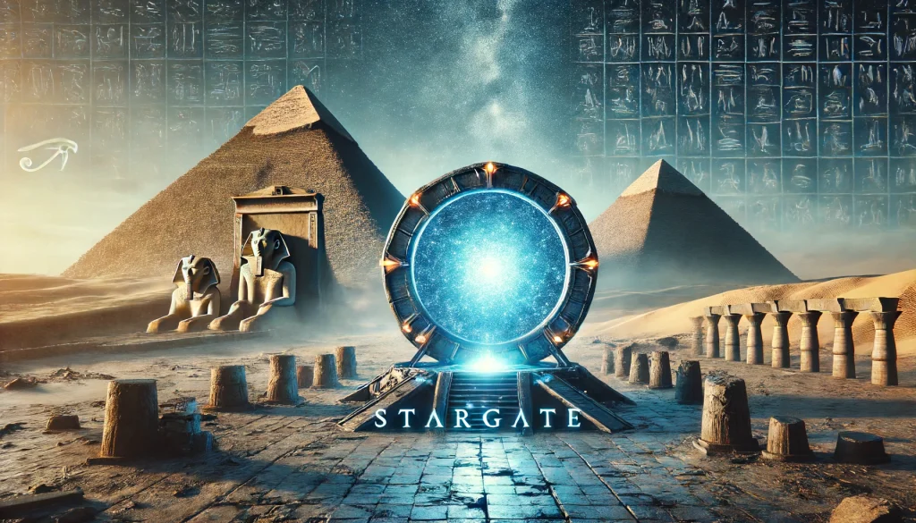 A scene from the science fiction film "Stargate," showing characters interacting with an ancient, alien portal in a desert setting