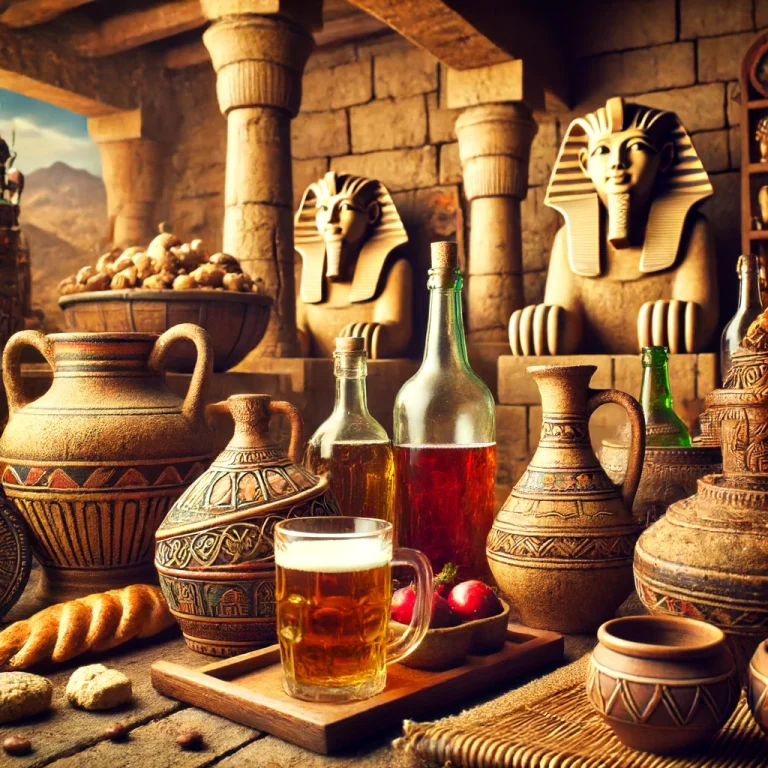 A variety of traditional Egyptian drinks, beautifully presented in assorted glasses and containers, showcasing vibrant colors and unique textures