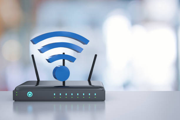 Wireless router with Wi-Fi signal illustration on a blurred background.