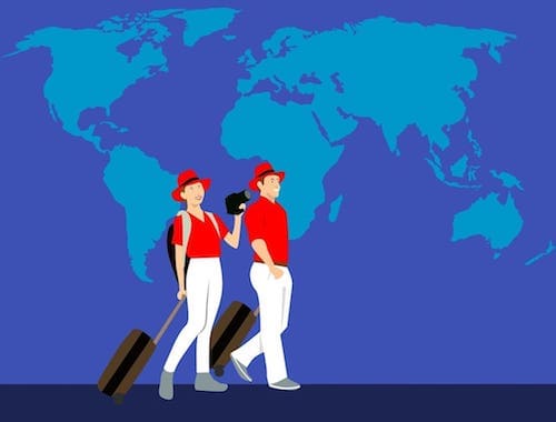 Illustration of a couple with suitcases in front of a stylized world map.
