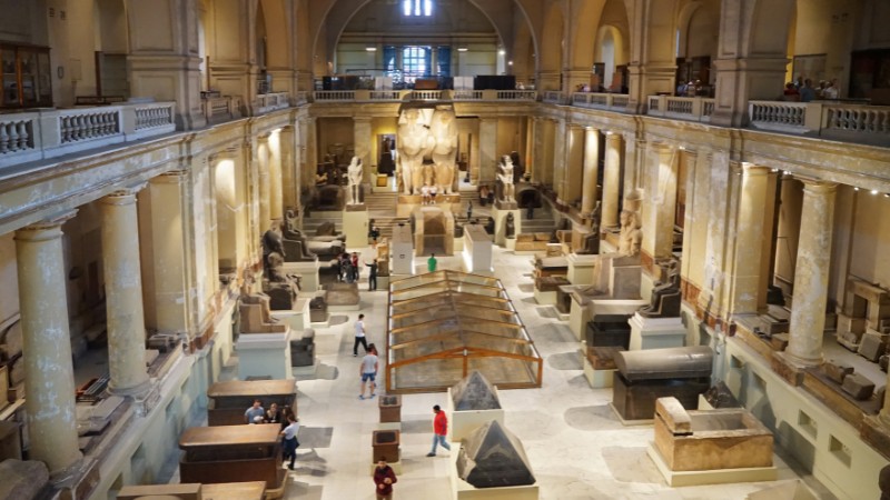"Inside view of the Egyptian Museum with artifacts on display."