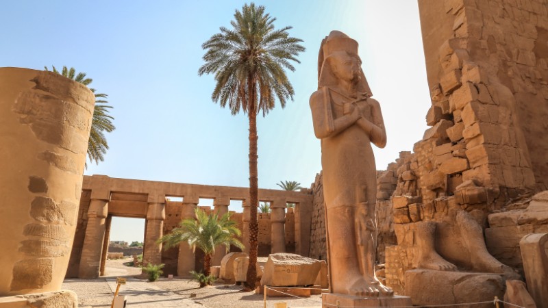 - "Statue of a pharaoh with a backdrop of palm trees at Karnak Temple."