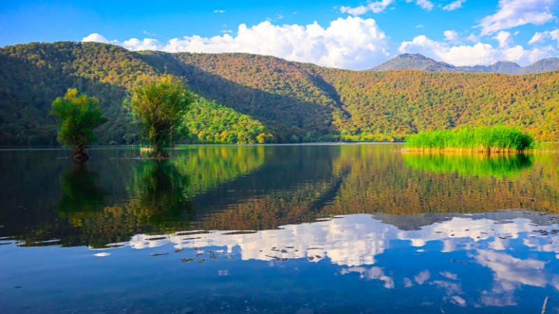 "Tranquil mountain lake with reflections of surrounding foliage."