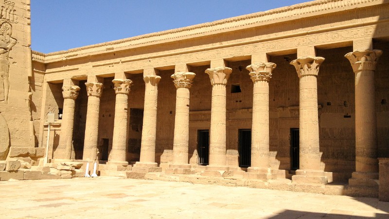 "Row of tall columns in the Philae temple complex."