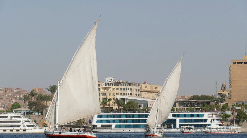 "Traditional felucca boats sailing on the Nile with urban backdrop."