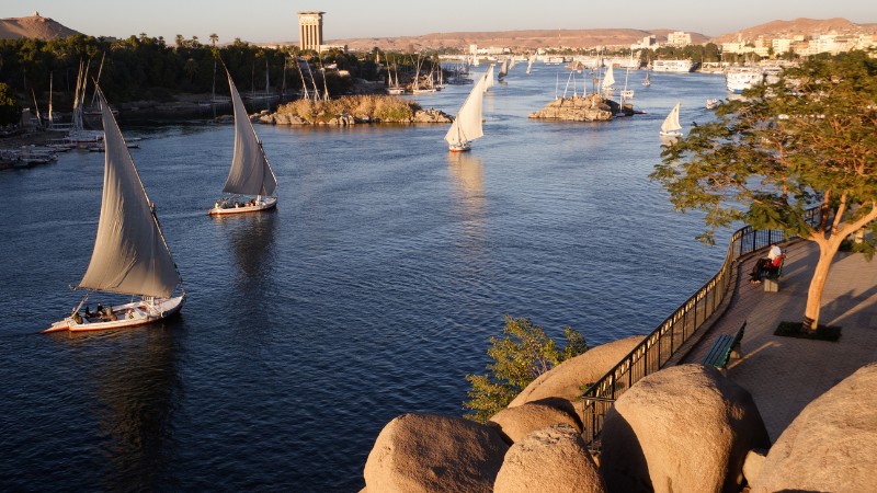 "Traditional feluccas sailing on the Nile River at sunset."