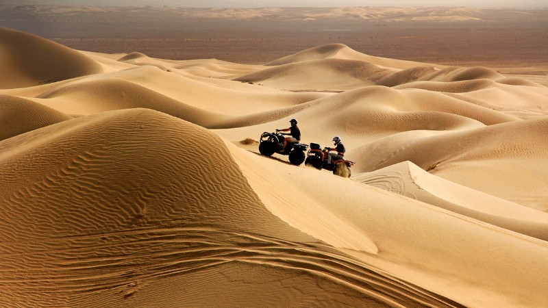 "Two people on quad bikes navigating through the golden sand dunes of a vast desert landscape."