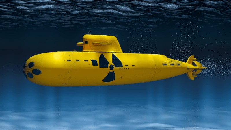 Illustrated yellow submarine partially submerged in blue ocean waters under a dark sea surface