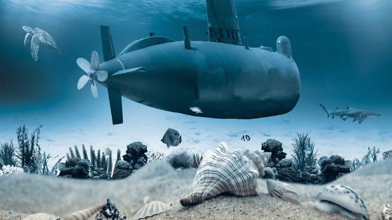 A submarine rests on the ocean floor amidst marine life, with a turtle and sharks swimming nearby