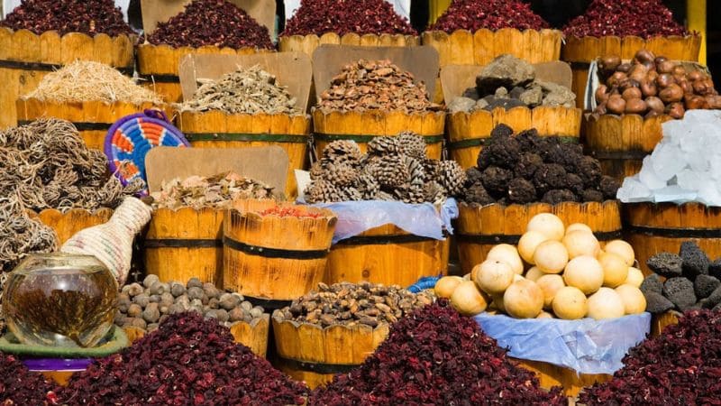 Colorful spice market display in Egypt.