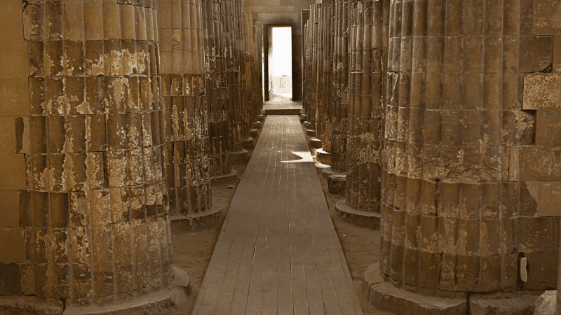 The Hypostyle Hall of an Egyptian temple with rows of massive columns.