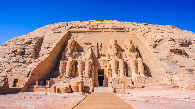 The Great Temple of Abu Simbel with four colossal statues of Pharaoh Ramses II.