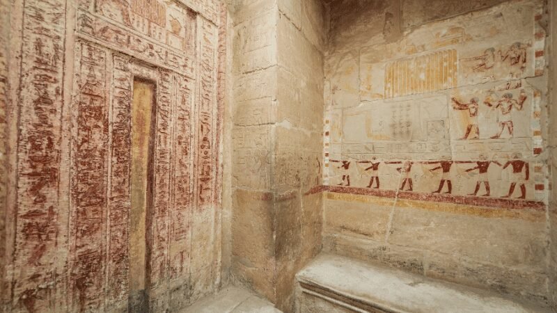 Ancient Egyptian hieroglyphs on tomb walls.