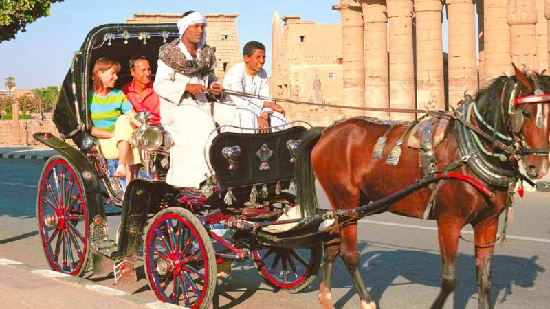 "Tourists in horse-drawn carriage at an Egyptian temple complex."