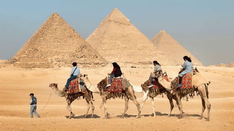 Camel ride in front of the Pyramids of Giza.
