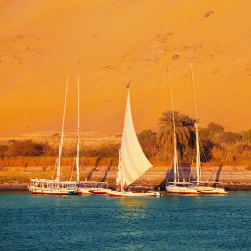 A traditional felucca sailing on the Nile River with its white sail contrasted against the golden desert backdrop at sunset.