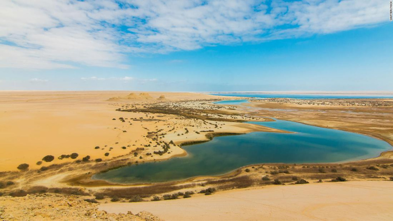 A panoramic view of a serene oasis near sand dunes and distant pyramids