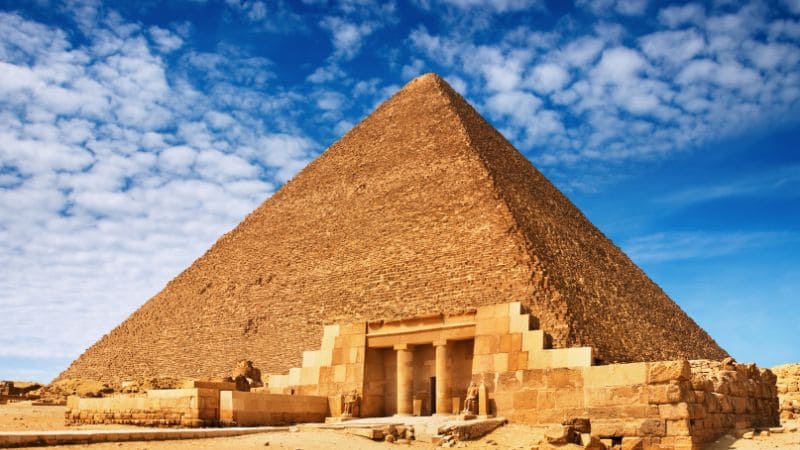 The Great Pyramid of Giza under a clear sky.