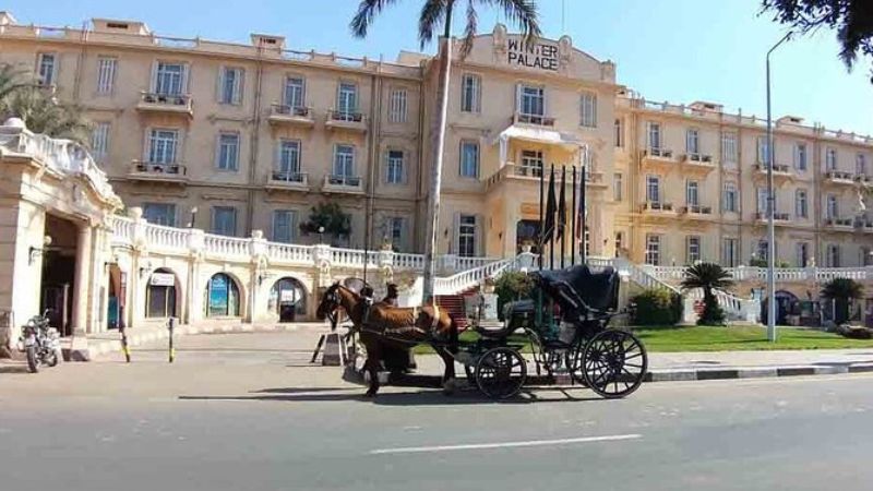 "Horse-drawn carriage in front of Winter Palace Hotel in Egypt."