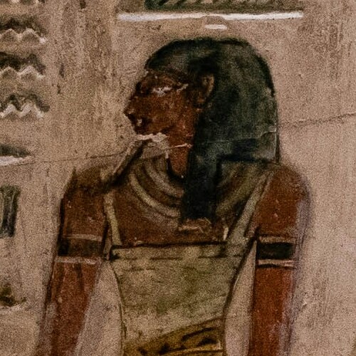 Detail of an ancient Egyptian wall painting depicting a profile view of a standing figure