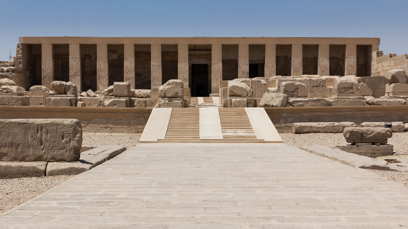 Entrance to an ancient Egyptian temple with surviving columns.