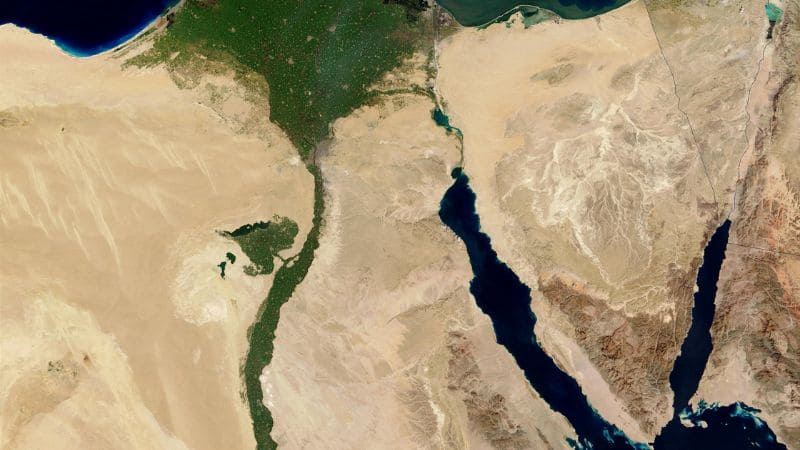 Satellite view of the Nile River cutting through the desert.