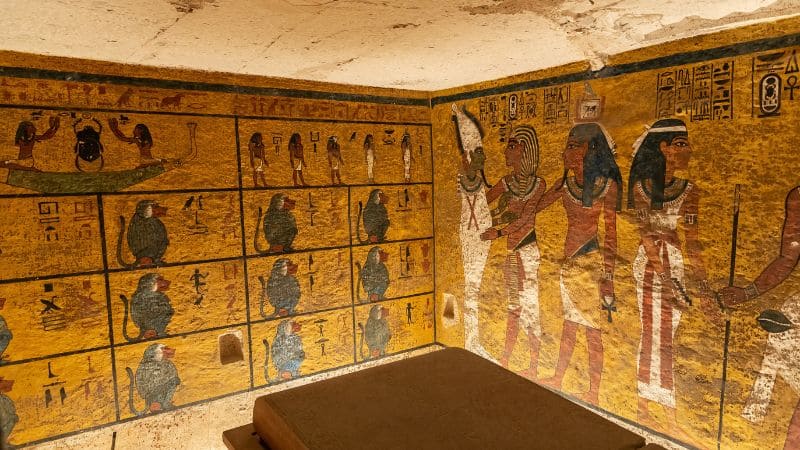 Vibrant Egyptian tomb paintings.