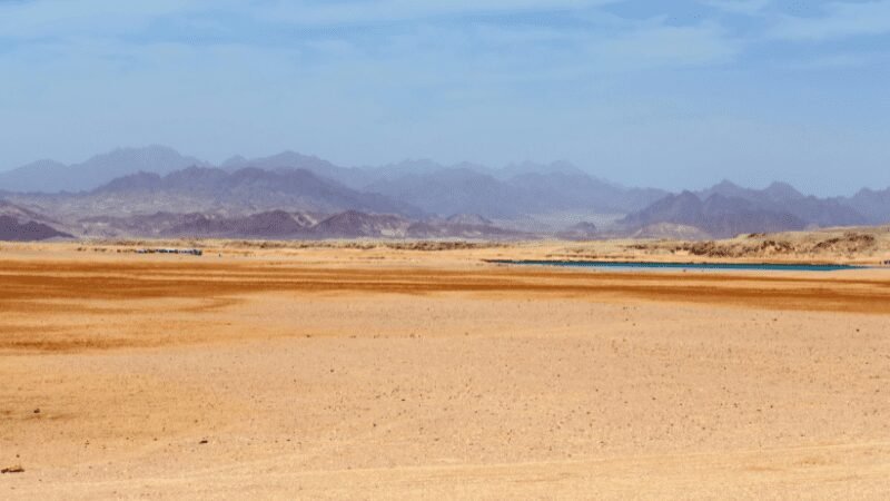 Desert vista with distant mountains.