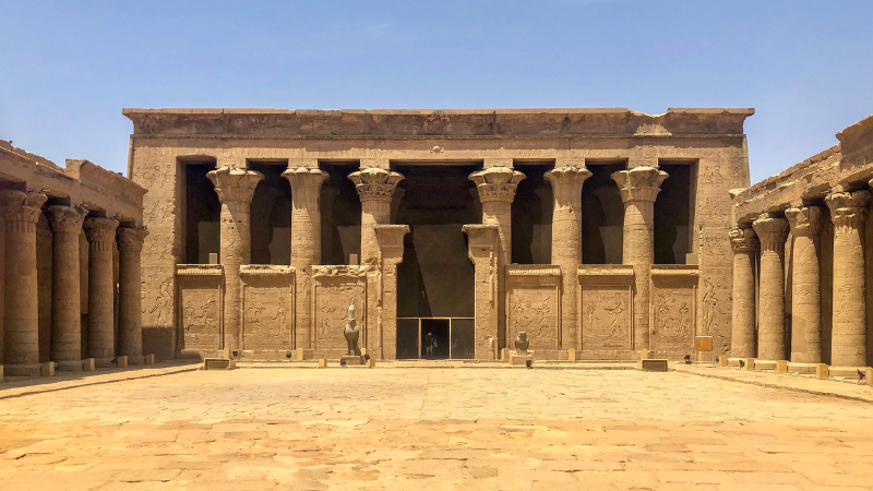 The inner courtyard of Edfu temple, surrounded by towering columns