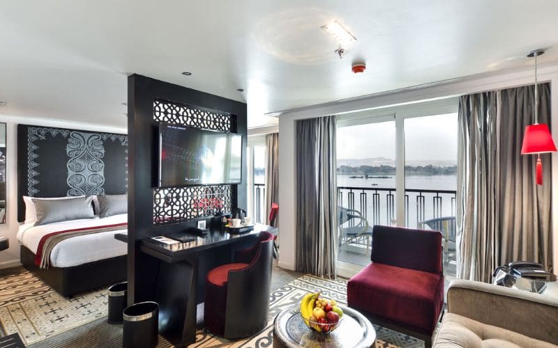 Luxurious cabin interior of a Nile cruise ship.