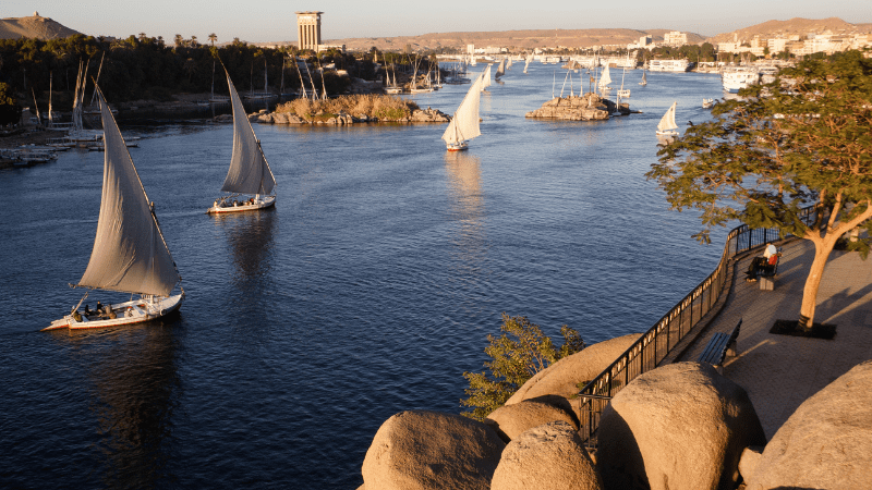Traditional feluccas sailing on the Nile River during golden hour, with soft light casting a serene glow.