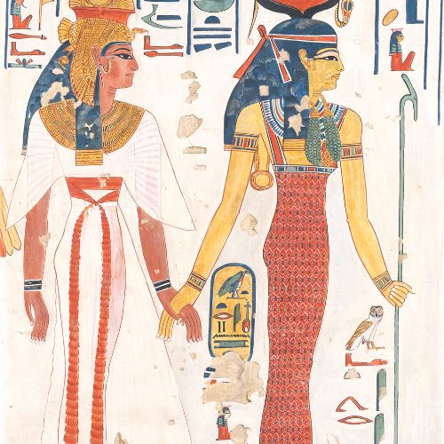 An ancient Egyptian painting depicting a queen and a pharaoh holding hands