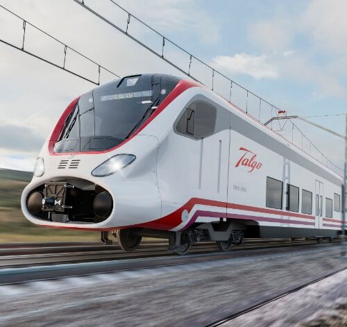 Modern Talgo high-speed train in motion on tracks