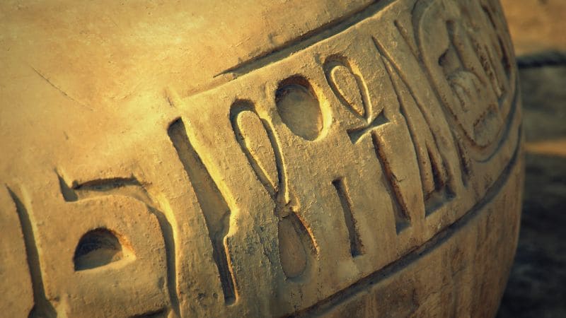 Close-up of hieroglyphic carvings on an Egyptian temple column.