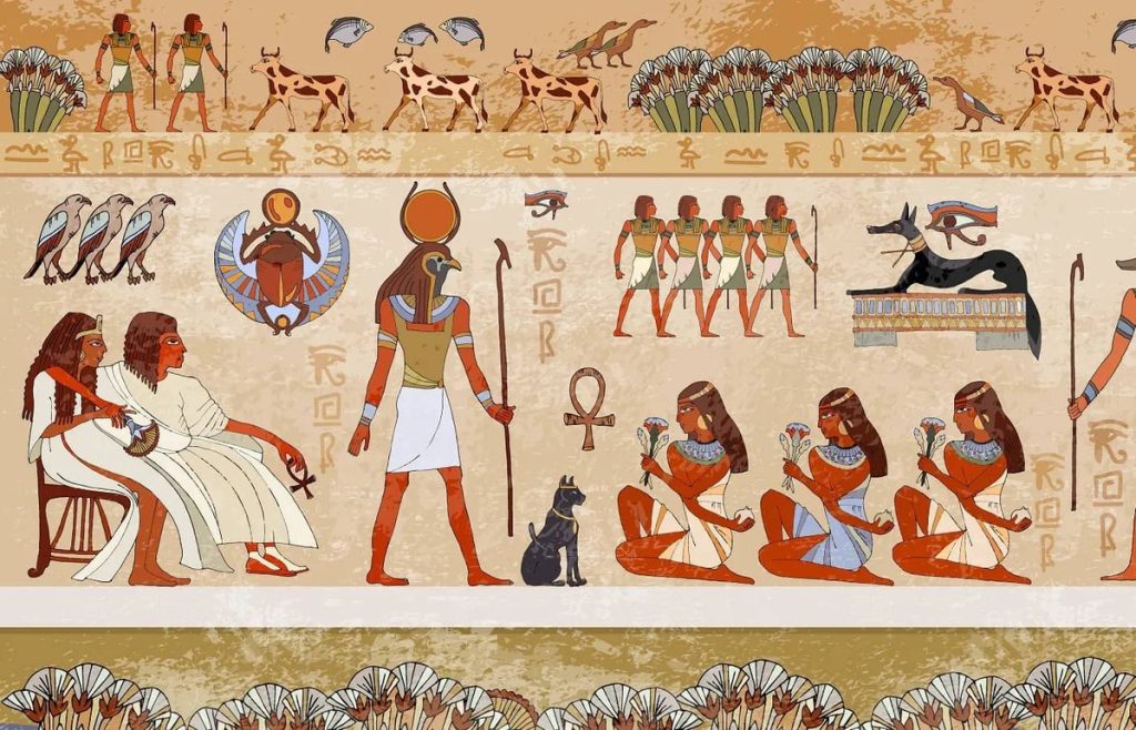 Illustrative montage of Ancient Egyptian life featuring gods, animals, and daily activities in a traditional mural style