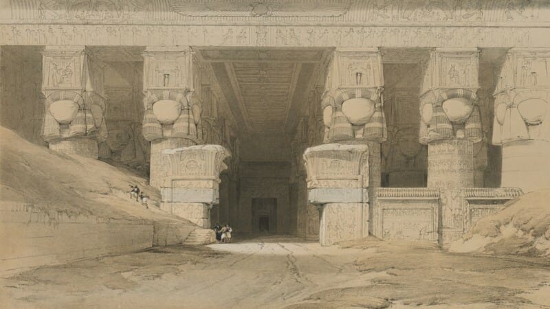 Vintage illustration of the entrance to an ancient Egyptian temple, featuring detailed carvings and colossal statues