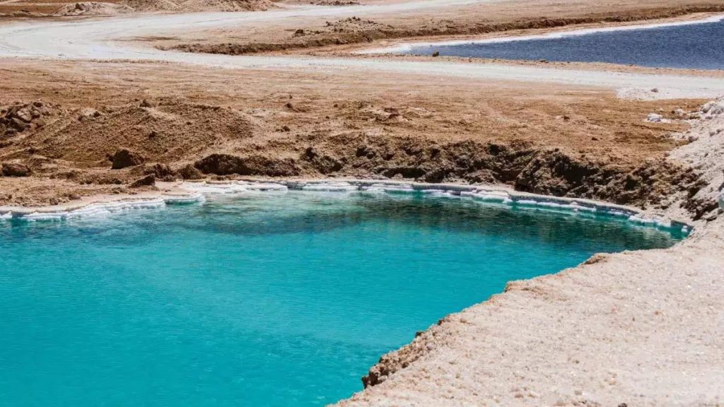 A stunning blue natural pool surrounded by the arid, sandy landscape under a clear sky