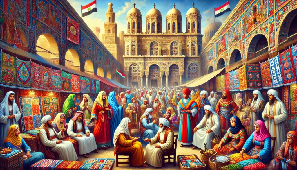 A colorful depiction of Copts in traditional attire engaging in cultural activities in an Egyptian market, surrounded by stalls and Coptic architecture.