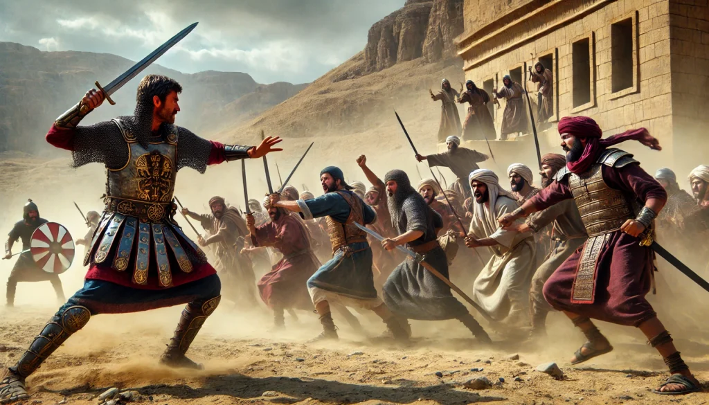 A dynamic scene from 641 AD showing Byzantine and Arab soldiers engaged in fierce combat in the desert near ancient Egyptian structures.