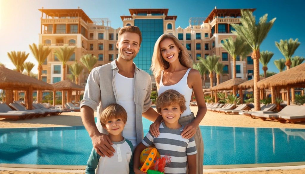 A cheerful family of four, with two young boys, smiling in front of a luxurious resort pool surrounded by palm trees and traditional Egyptian architecture.