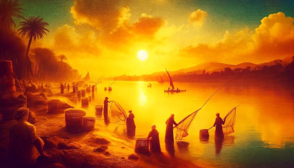 Fishermen casting nets in the Nile River at sunset, surrounded by palm trees and traditional sailboats, under a vibrant orange sky