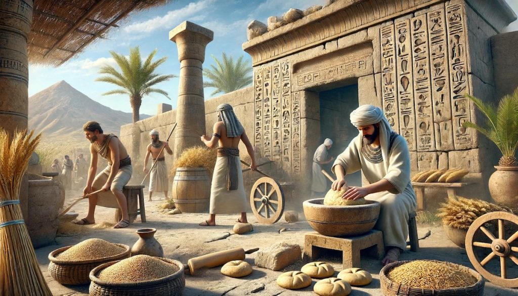 An artist's depiction of ancient Egyptians engaged in daily activities including grinding grain and making bread near a temple, with palm trees and a pyramid in the background.