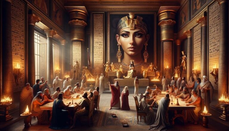 Digital artwork of Cleopatra sitting on a throne in a lavishly decorated Egyptian court filled with scholars, musicians, and attendants