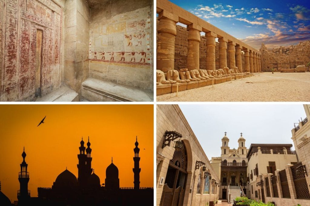 A creative digital artwork depicting four generations of Egyptian history, from ancient pharaohs to modern figures, all standing in a row under a clear blue sky