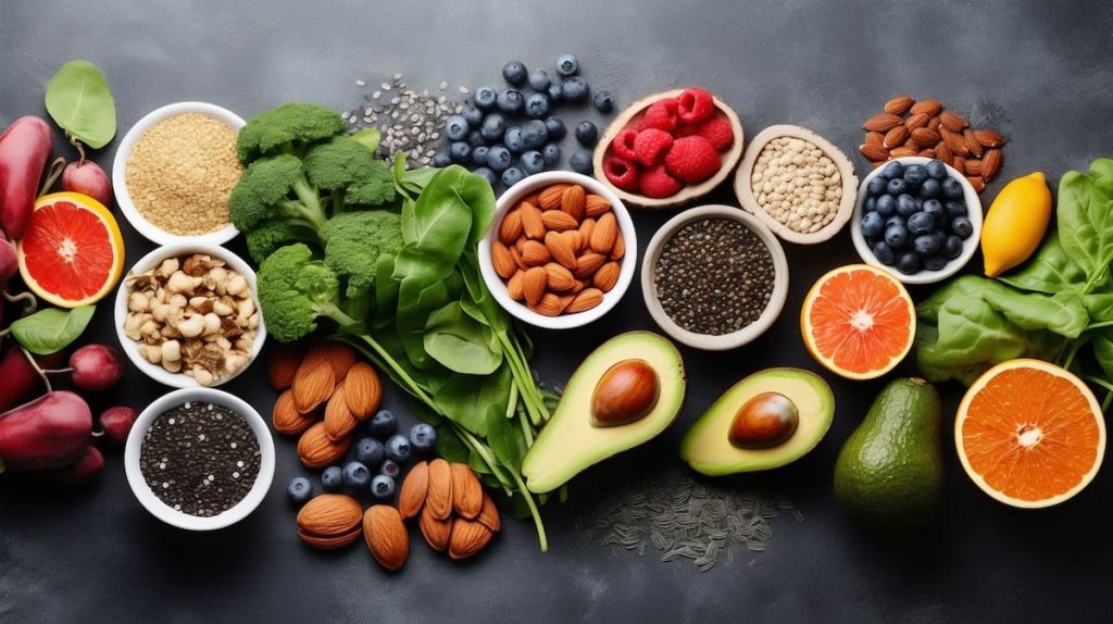 Assortment of superfoods displayed in bowls, including blueberries, raspberries, almonds, chia seeds, and avocados on a dark background.