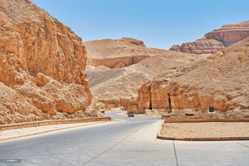 Panoramic view of the Valley of the Kings with ancient tombs and arid landscape